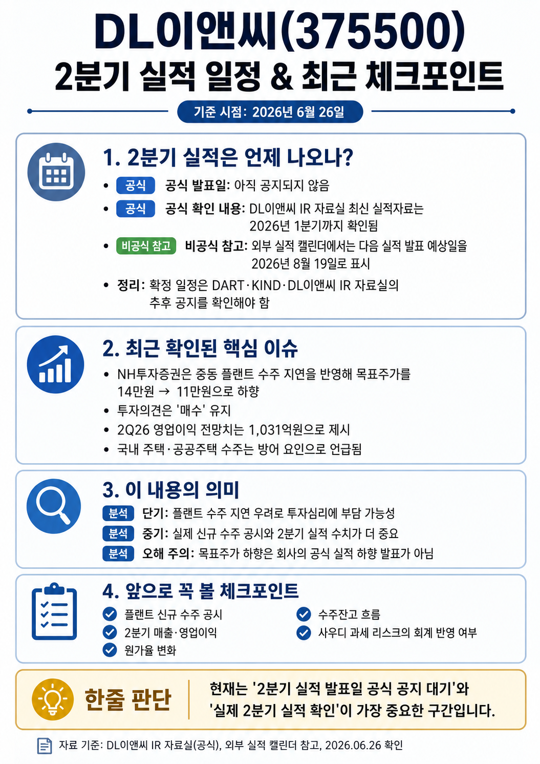 DL이앤씨 2분기 실적 일정과 체크포인트 한 장 리포트